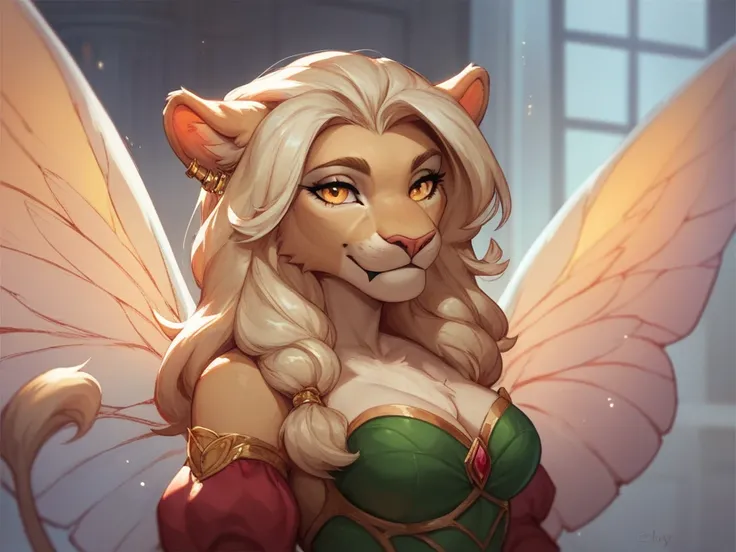 Female lion, blond hair, shiny eyes, angrily overpowered, wearing charmix fairy clothes and wings, furry, anthro 