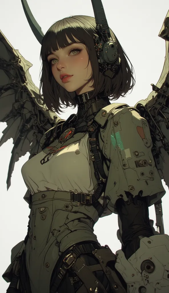  Female model with large wings 、Close-up view of a ,    girl, female lock, Girl in cybernetic armor Mecha ,Aoshima Chiho color scheme  ,  Angular Winged Armor  , sharp details,   Mecha action figure  ,  by maciej kuciara ,  There is a house made of sushi r...