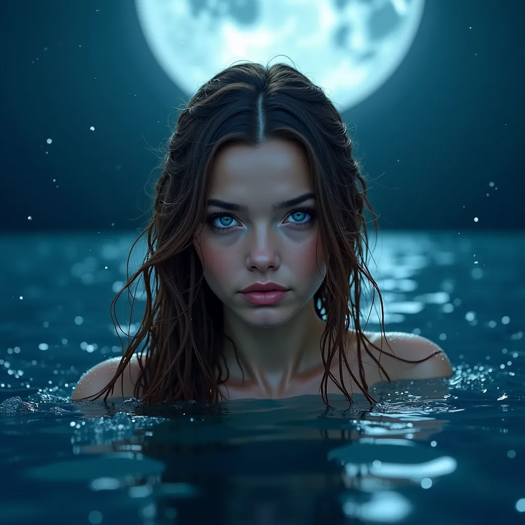 Woman with wet brown hair, blue eyes, In sea water, full moon 