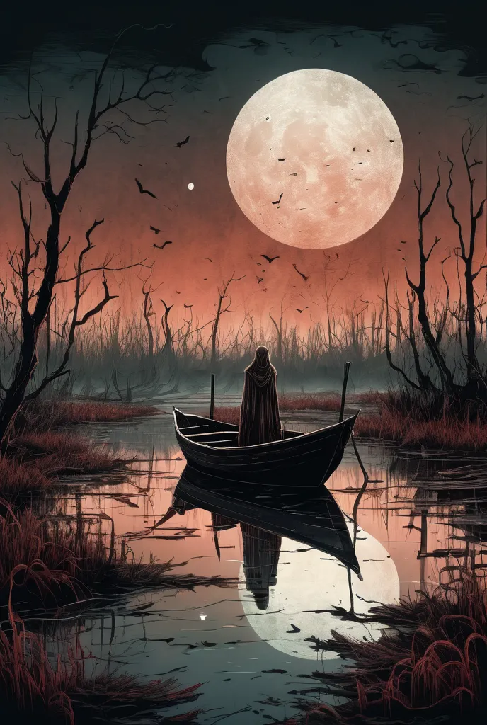 linquivera, ink illustration, (anime:0.5), brown tones, aged black red paper, inkpunk, moonlight, surreal, ghost standing on boat in swampy wetland, hyper-detailed, masterpiece, 8K, HDR, physically-based rendering, professional, cinematic lighting, moody a...