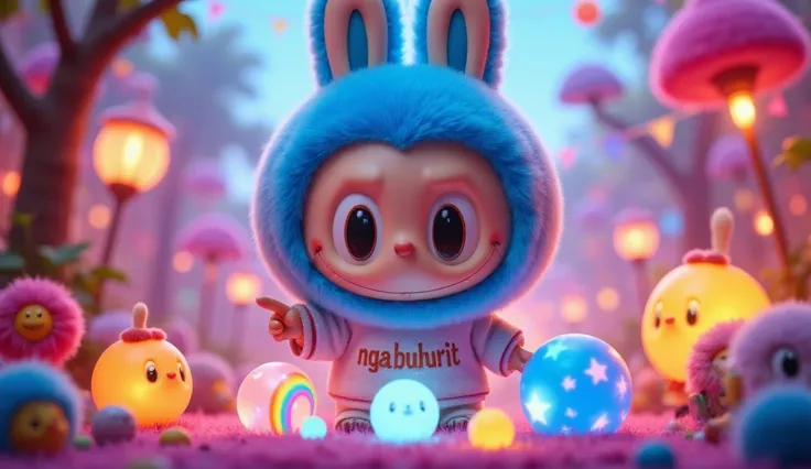 Close-up of Labubu pointing at glowing toys (marbles, rainbow jump rope, star-patterned ball), neon flowers around, shirt text "NGABUBURIT" clear, Labubu Style with whimsical details.