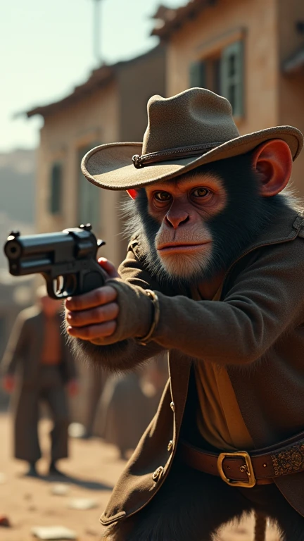 A village living 5 people and all scary because cowboy monkey gun point robary 3d cinematic realistic 