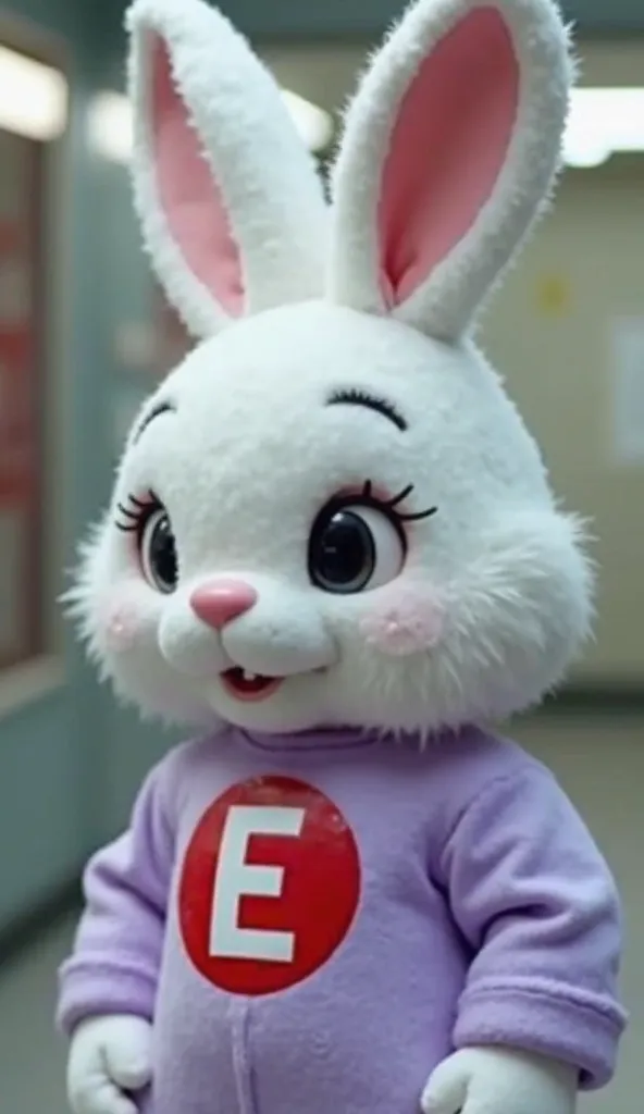  Fantastic　realistic footage　 Japan's Office District　The upper body is a light purple and white rabbit with the white letter E in the red circle on the chest　