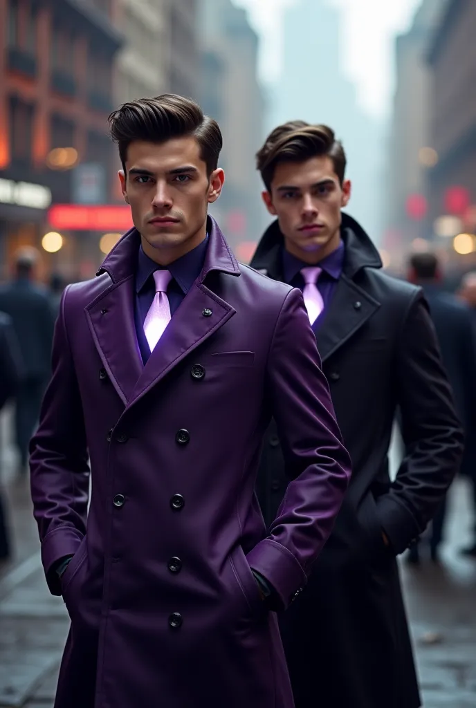 Handsome young men. They have sharp facial features.  pumped up .  Clothes: purple or black raincoats, with a suit underneath. You can see a white glow from under the clothes in the center of the load . They patrol a 19th-century city