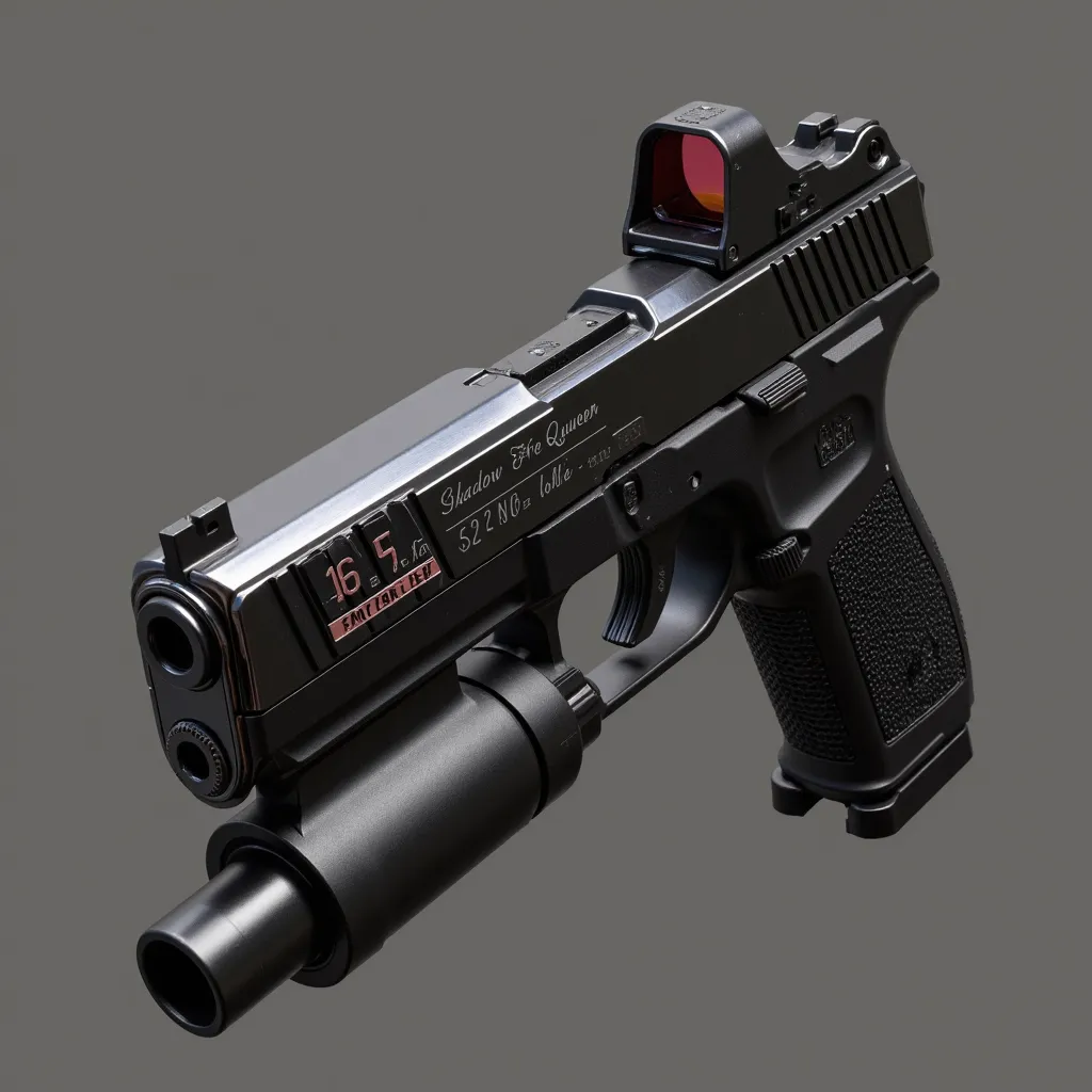 Weapon. Custom pistol similar to FN Five-SeveN. Black chrome, integrated suppressor, red dot sight (You can take the idea of ​​the sight from the mythical skins for Call Of Duty Mobile), and also engraving in dark red letters on the top of the receiver 'Sh...