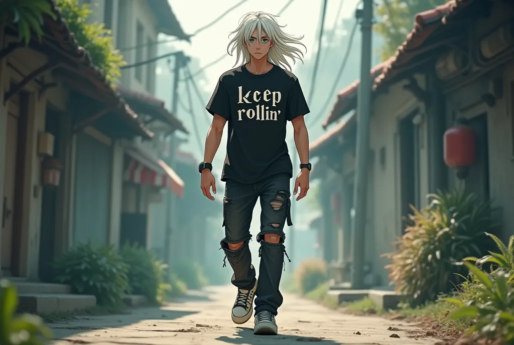 A young man with long white hair and green eyes, donning a black t-shirt inscribed with 'KEEP ROLLIN', ragged black jeans, and sneakers, confidently moving forward in life, realistic anime 4k