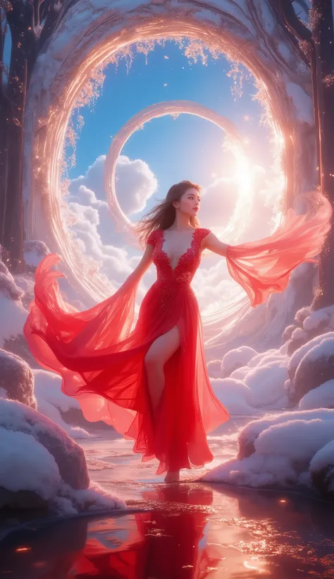 A Glowing Portal, Greatest Masterpiece、Top Quality、8k, a solo lady wearing transparent red Ao dai, , (( well-defined big breasts, Deep cleavage 、))、(((Dance with A Glowing Portal in the background))), (((full body shot)))、 、、 fantastic sky 、fantasy world