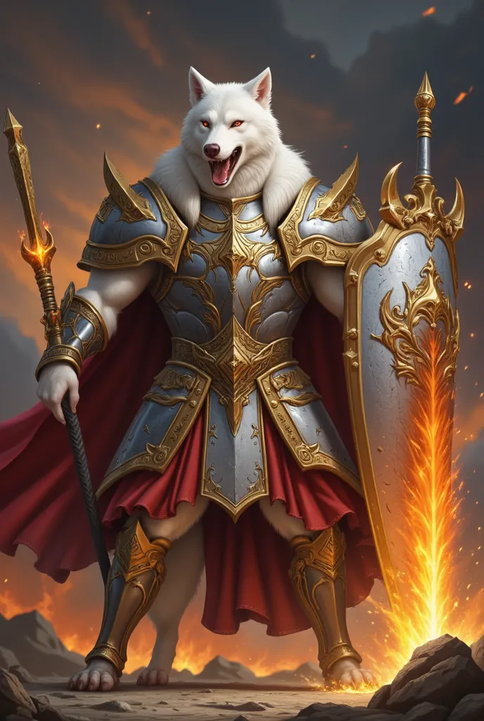 Loup blanc en armure de paladin yeux rouge avec une épée de feu et un grand bouclier 