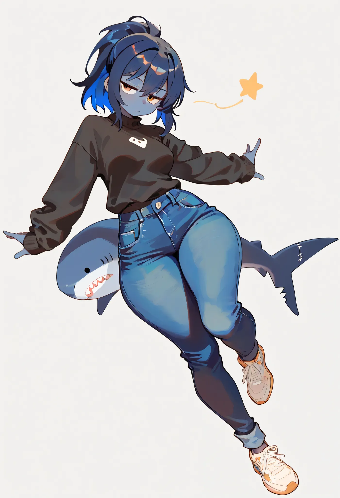 1 anthro shark girl, full body,  petite body, front shot, dark blue skin, short, jitome, curvy, dynamic pose, jeans, black sweater,