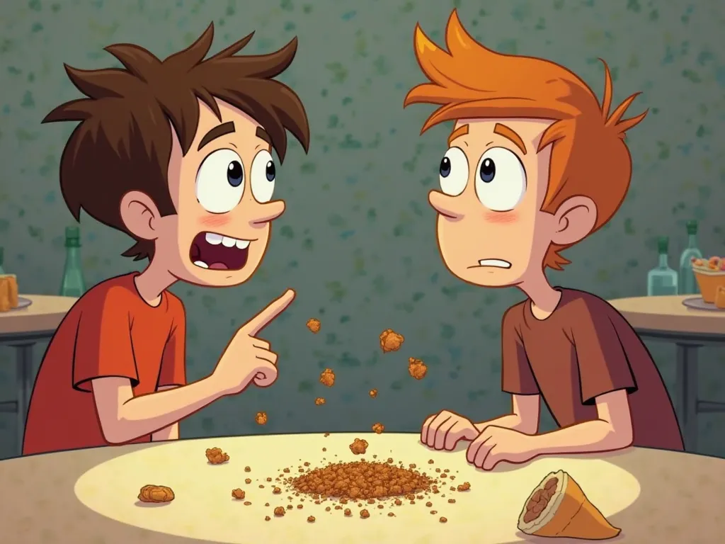 A close-up of Sam noticing a trail of crumbs leading toward Jake’s pocket. He points at them excitedly, while Jake looks confused. The cafeteria table and scattered food items can be seen in the background. The expressions of both boys are exaggerated in a...