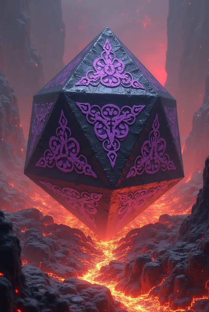 one large black and purple 20-sided dice on a lava background