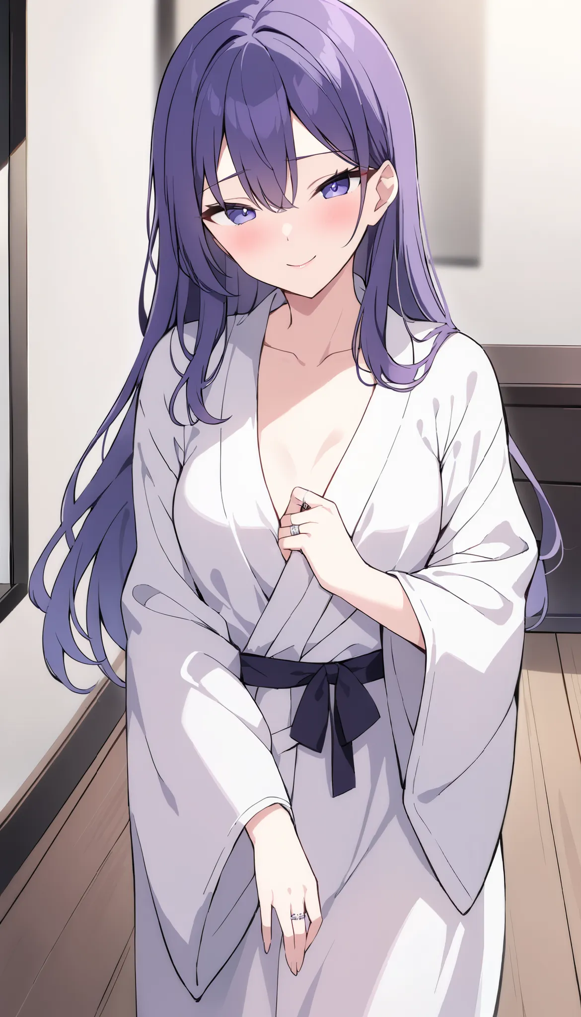 (masterpiece, Highest_quality:1.2), 1 girl, Alone, mature woman, tsub, long hair,  purple hair, (housewife:1.5, ring, robe, wedding ring), beautiful eyes, focusing on women, watching viewers, ,  very small breasts, Chest, wide hips, (front view:1.5) ((clos...