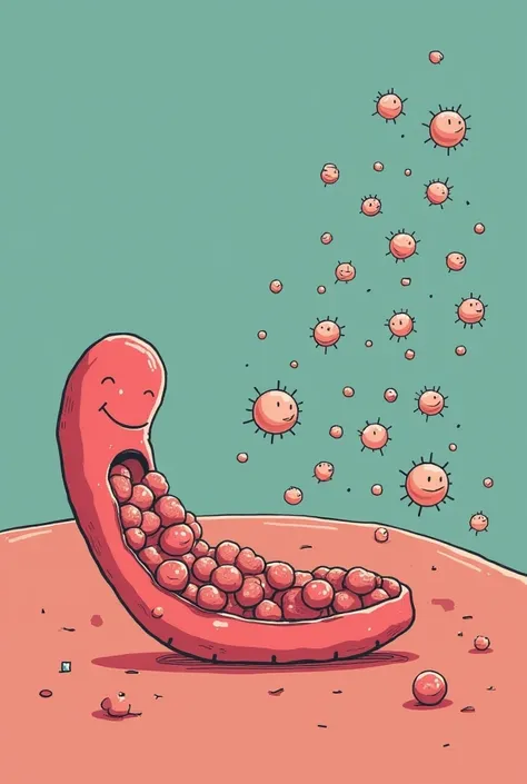 A Tiny Figures-style illustration of a small, tired, or sleeping pancreas, no longer releasing insulin balls. In the background, hungry cells look frustrated as floating glucose molecules remain outside, unable to enter. The scene is simple and visually ex...