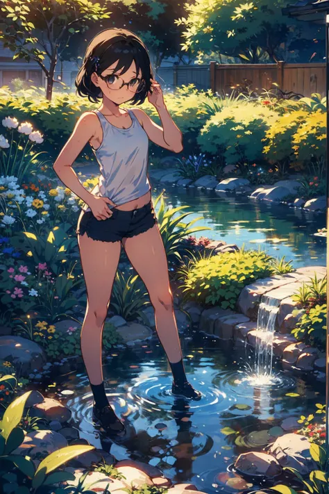 4K,  masterpiece, Gardener,  black hair, hair tie , wearing glasses, dark eyes, shy,Gardener,  Piran Din  ,tank top outside of anime,backyard,  sexy,Watering  , 1girl  , ,  SHORTS, pose  