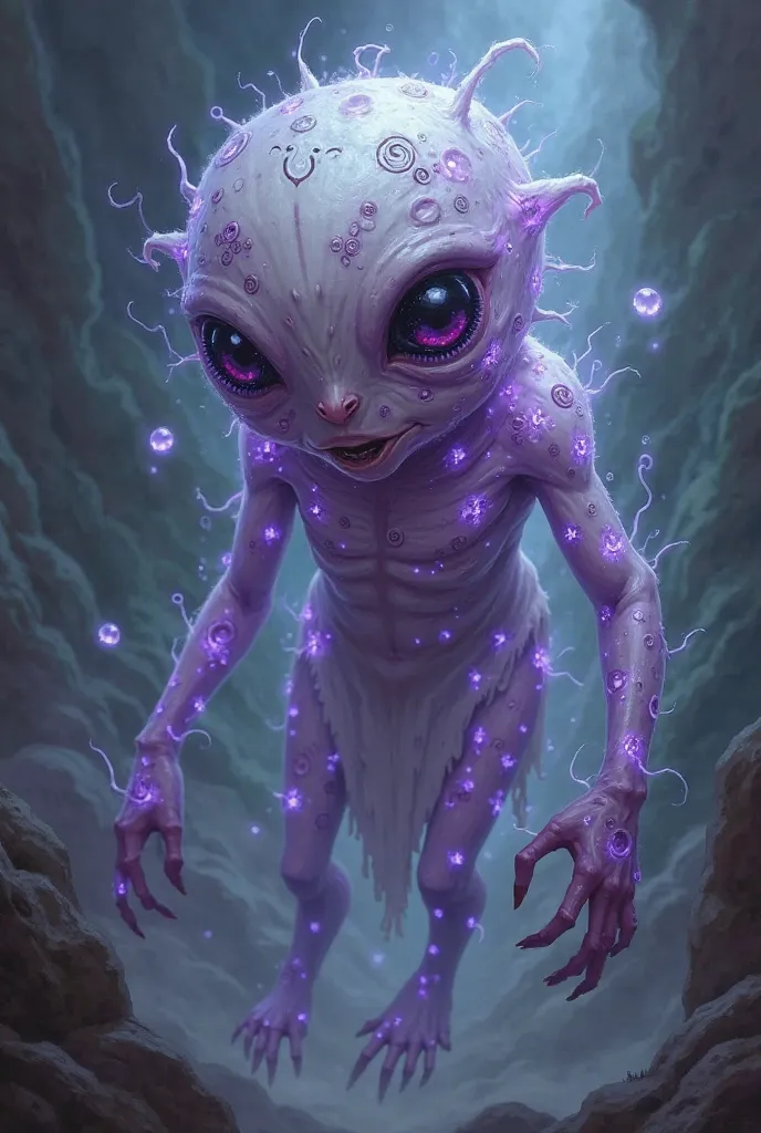 Dnd style 

Appearance: A floating being with pale, translucent skin covered in strange glowing purple symbols. A massive central eye dominates its forehead, and small orbs of energy orbit around it.

Extra Details: Its body constantly vibrates as if shift...