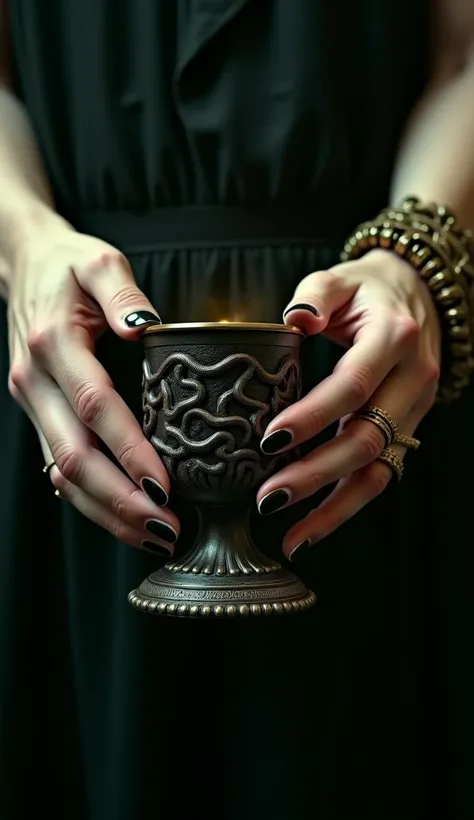 First-person perspective of hands holding a bronze cup carved with intertwined serpents. His fingers wrap around the cup, while his ring gleams in the flickering torchlight.