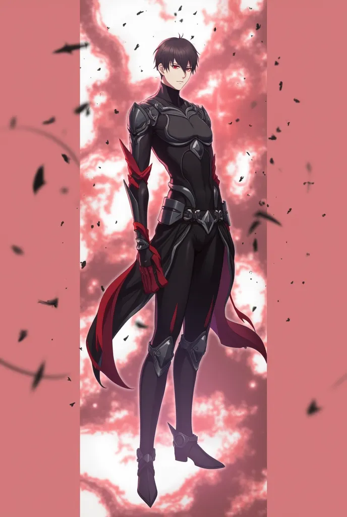 man with short black hair and red eyes wearing black armor anime version