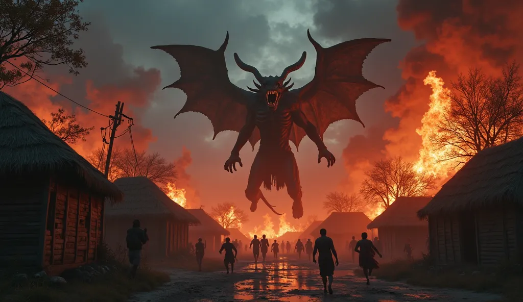 A horrifying scene of a demon attacking an ancient Indian village at night. Houses are burning, villagers are running in fear, and the demon Raktasura is roaring in the middle of the chaos. The sky is dark with smoke, and the flames cast an eerie red glow....