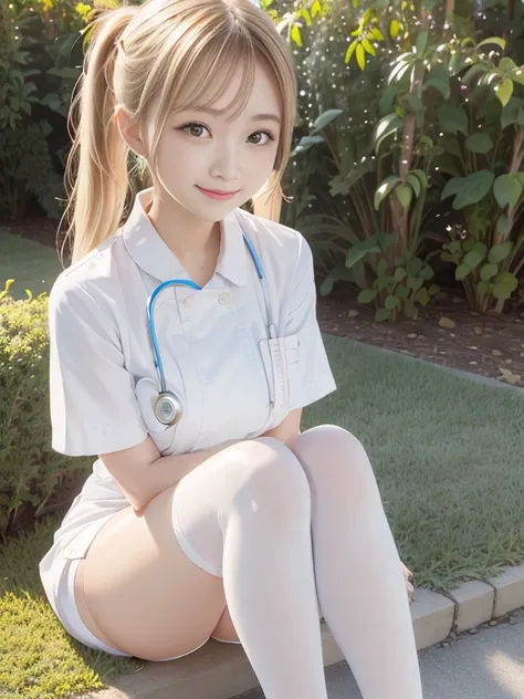 masterpiece, anatomically correct, Hi-Res, Ultra High Definition。 1 beautiful girl。Short and baby-faced。have big breasts and beautiful legs。Has blond hair。Has twin tails。Wearing nurse uniform。miniskirt、 white pantyhose、 wearing shoes 。garden。sitting on the...