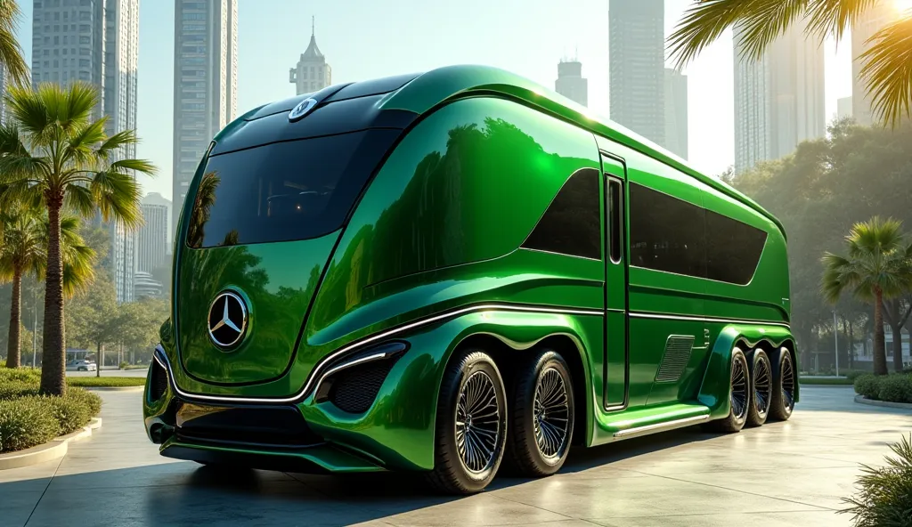 .2025 mercedes Benz moterhome truck six wheelar green colour luxury showroom luxury city road background front view