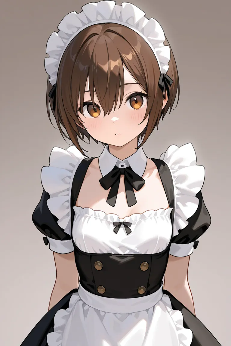 Almond-eyed woman with small breasts, brown hair, and short hair in maid clothes