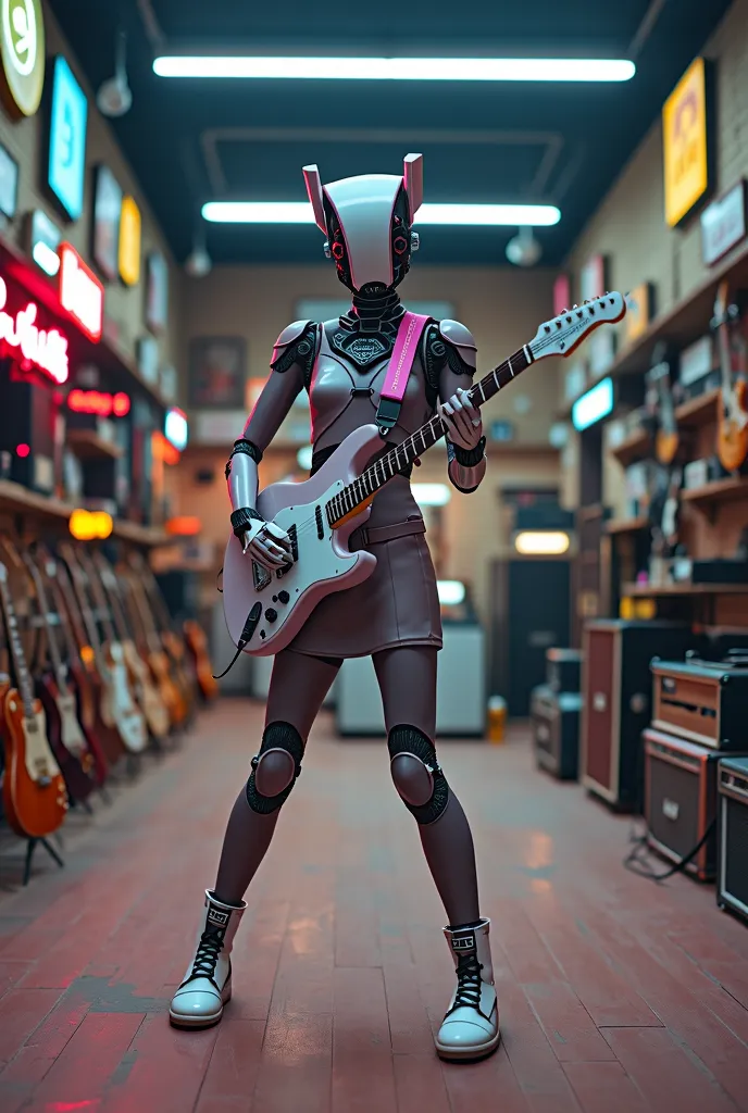 Electric guitar robot girl with electronic guitar head and in the electric guitar store and the style of 1990s movies and photo dimensions: 720×1280 pixels.