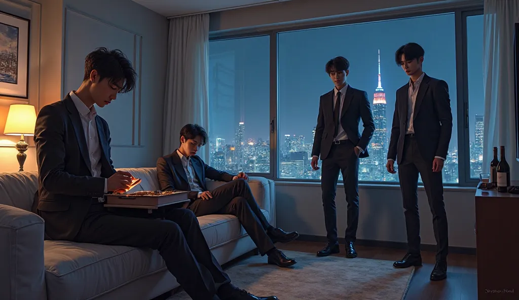 "A highly realistic digital painting of four stunning K-pop idols in a stylish, modern dormitory at night. The dim lighting and city skyline outside create a mysterious yet luxurious atmosphere. Three young men and one woman, all impeccably dressed, exude ...