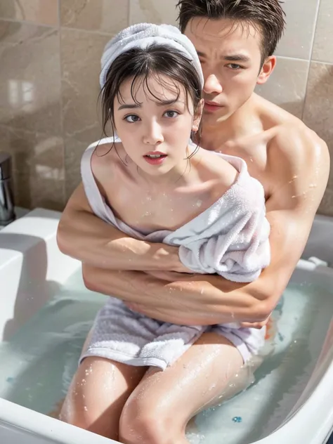 (The 8k quality, Ultra-high-resolution quality, Ultra high definition, Photorealistic, Best Quality):1.5, (​masterpiece):1.4,
(camera angle from forward view):5.0,
(in the beautiful brightly large square bathtub fulled with hot water, 1 man and 1 woman in ...