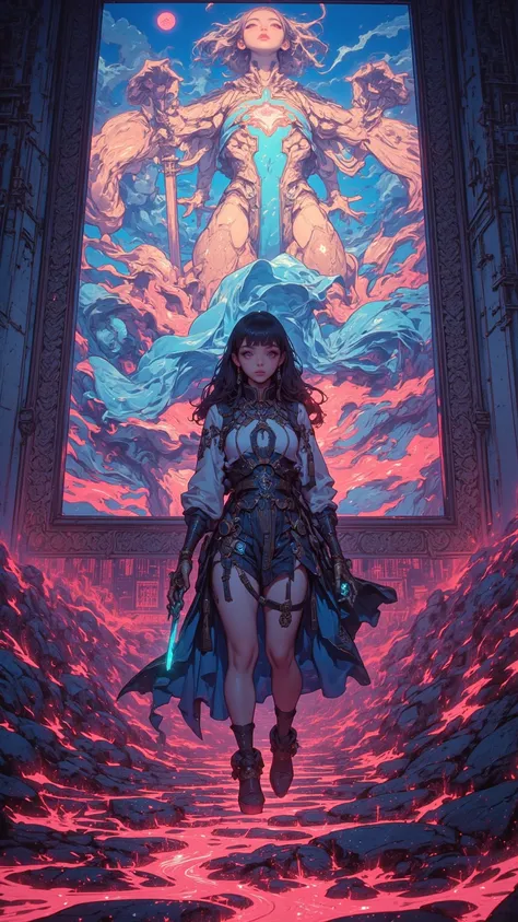 on an ancient battlefield，Megumi Katou, a swarthy girl with glowing background，Brown-eyed girl Megumi Katou makes a dynamic viewing of a cinematic screen。 （Digital painting：1.6），Dynamic viewing of cinematic footage by Auralora，surrounded by flowing magical...