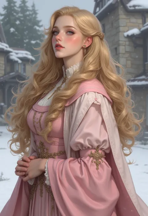 high profile, ภาพประกอบดิจิทัลของหญิงสาวในชุดเจ้าหญิงที่cute, very realistically created,  realistic photo style ,  The character is a pale white woman, , long, Huge golden yellow hair that emerged from under the pink princess dress,  horse hair , She has ...