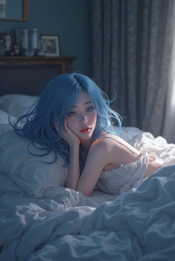 Naked anime girl with blue hair lying on the bed 