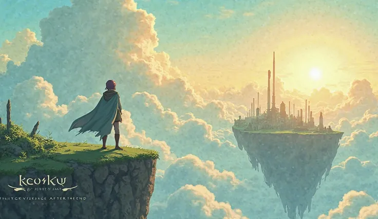 An anime-style illustration inspired by 'Frieren: Beyond Journey’s End'. A serene, mystical landscape with a vast sky filled with soft clouds and golden sunlight. A lone traveler in a cape stands at the edge of a floating island, gazing at an ancient ruine...