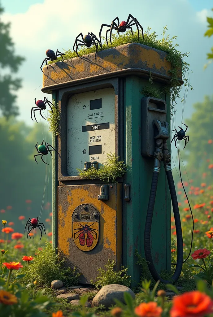 A petrol pump infested with spider webs and Spiders with a green bright nature background 