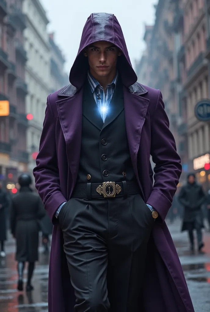  young men have a thin body. They have sharp facial features.  pumped up .  Clothes: purple or black raincoats, with or without a suit. You can see a white glow from under the clothes in the center of the load . They patrol a 19th-century city