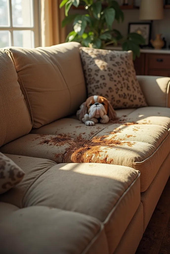 The sofa and animals are as realistic as possible and that there are animal stains on the sofa: dogs and cats  