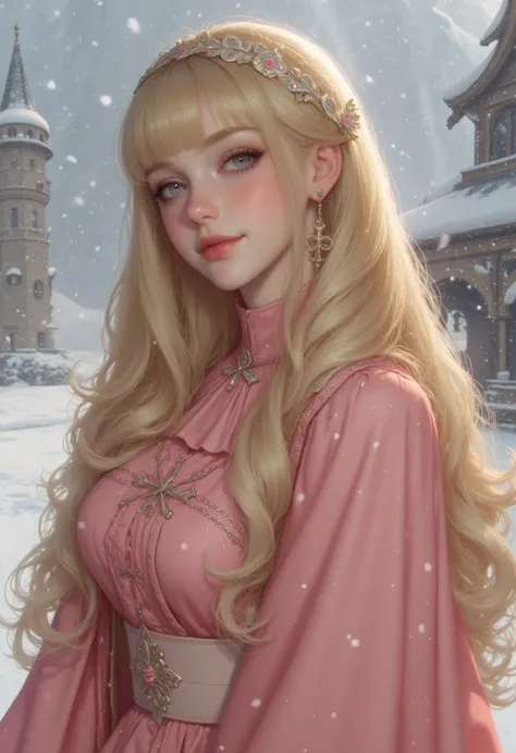 high profile, ภาพประกอบดิจิทัลของหญิงสาวในชุดเจ้าหญิงที่cute, very realistically created,  realistic photo style ,  The character is a pale white woman, , long, Huge golden yellow hair that emerged from under the pink princess dress, bangs, She has eyes, a...