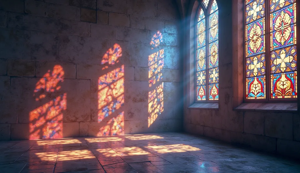 The theme is "Shadows on the Wall", animation, 8K quality, artwork, church-stained glass patterns reflected on the wall, very beautiful, vibrant colors.