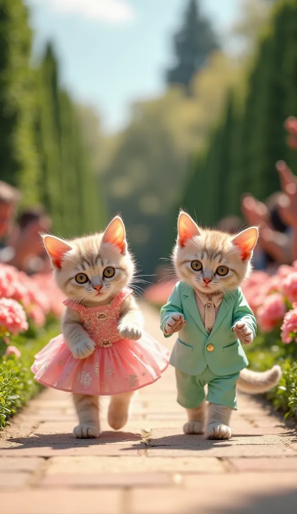 Garden Couture – Blossom Baby Cats 🌸👒
Two baby cats are walking upright and forward on a runway in a lush, blooming garden.

Kitten 1 (Blush Pink): Wears an elegant floral dress with delicate accessories and matching shoes.
Kitten 2 (Mint Green): Dressed i...