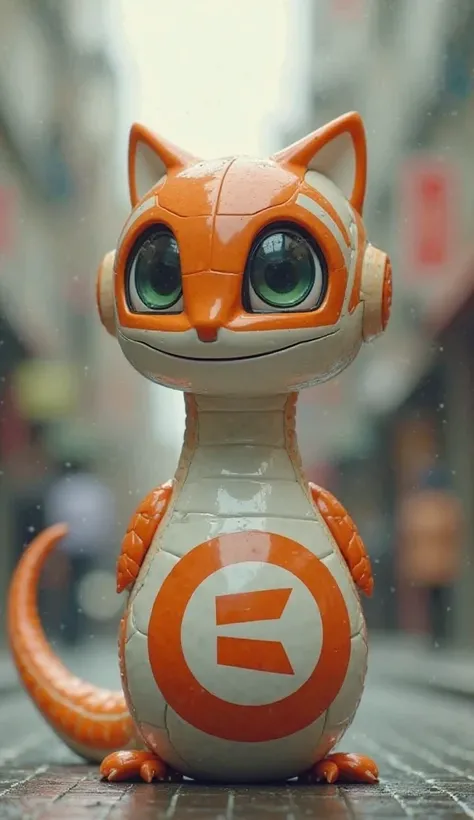  Fantastic　realistic footage　 Japan's Office District　A cute snake-shaped robot with an orange and white upper body with the white letter E in the red circle on the chest　Horn　wing