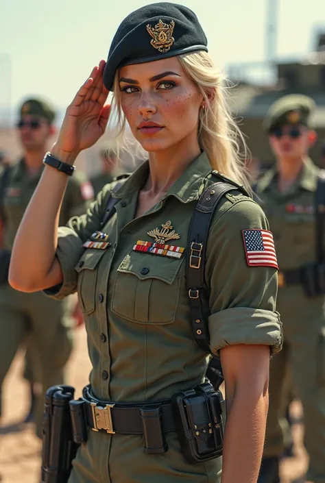  blonde girl ,wearing military uniform with jacket , holster , muscular abs, thick eyebrows, black eyeliner, raising right eyebrow, red lipstick, freckles, earrings , full body shot, high quality, highest quality, high resolution, lighting, Ray tracing, in...