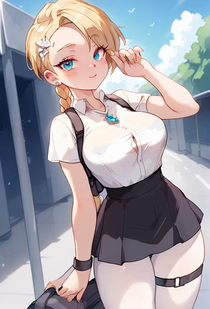 a girl,  look of amazement,  opening eyes  , vista de frente,  of foot, blonde hair,  undercut hairstyle with a braid behind, blue eyes, very large breasts,  with the hand around the waist ,  wearing a white shirt , with long white tights,  with a black sk...