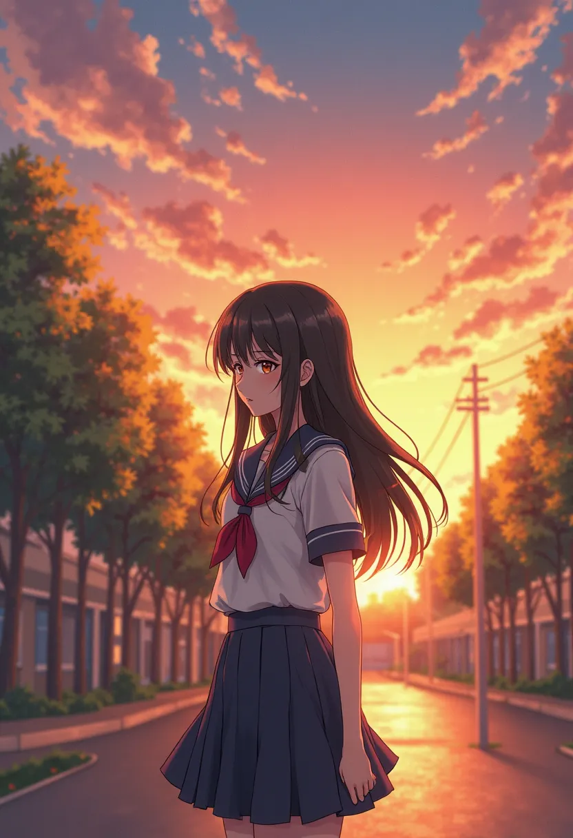 Japanese high school girl with black ruffles、long hair、Standing in the schoolyard、 golden time、anime style illustration、cinematic composition、 Brilliant Lighting 、Ultra HD、4K