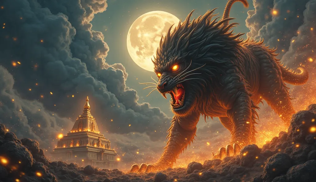 "An epic battle scene where Lord Narasimha, with a fierce expression and glowing golden eyes, confronts the monstrous demon Raktasura. Narasimha's sharp claws gleam in the moonlight, and the battlefield is filled with intense energy. The background shows a...