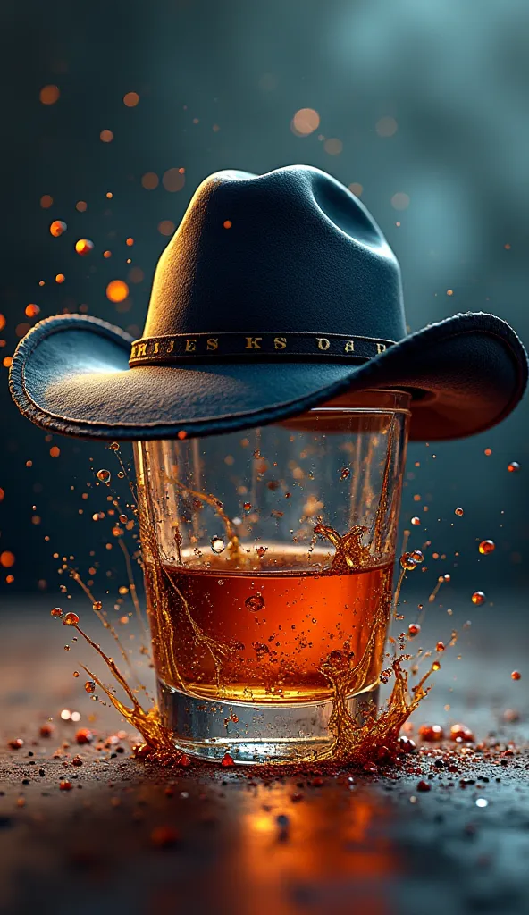 Color logo, splash style, splatter. Dynamic plot in a round frame. Whiskey blues. Glass of whiskey. Cowboy hat. Inscription along the contour of the round frame: "Whiskey blues", blurred thematic background, high detail, bright colors, UHD, 16K. Hyperreali...