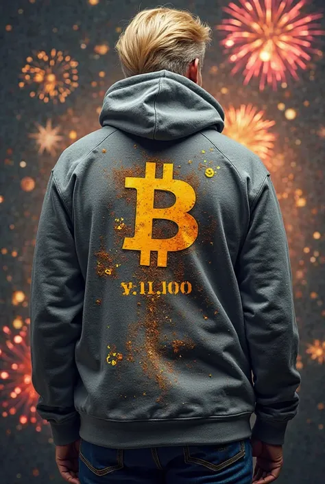 Take a gray hoodie and paint it with different Binance crypto exchange symbols against the background of the Bitcoin chart, which reached $1 million and the mood is festive, fireworks and fireworks. And on your back, draw Trump paradireut Superman