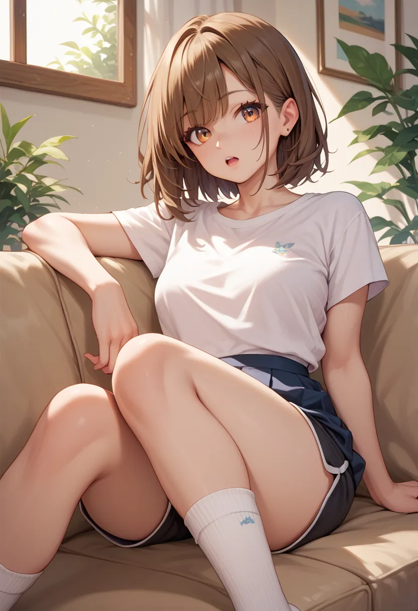 The girl with brown haircut to the chin, sitting on the sofa. She is wearing a nice white top and black shorts with a skirt and white socks. She looks at you in surprise