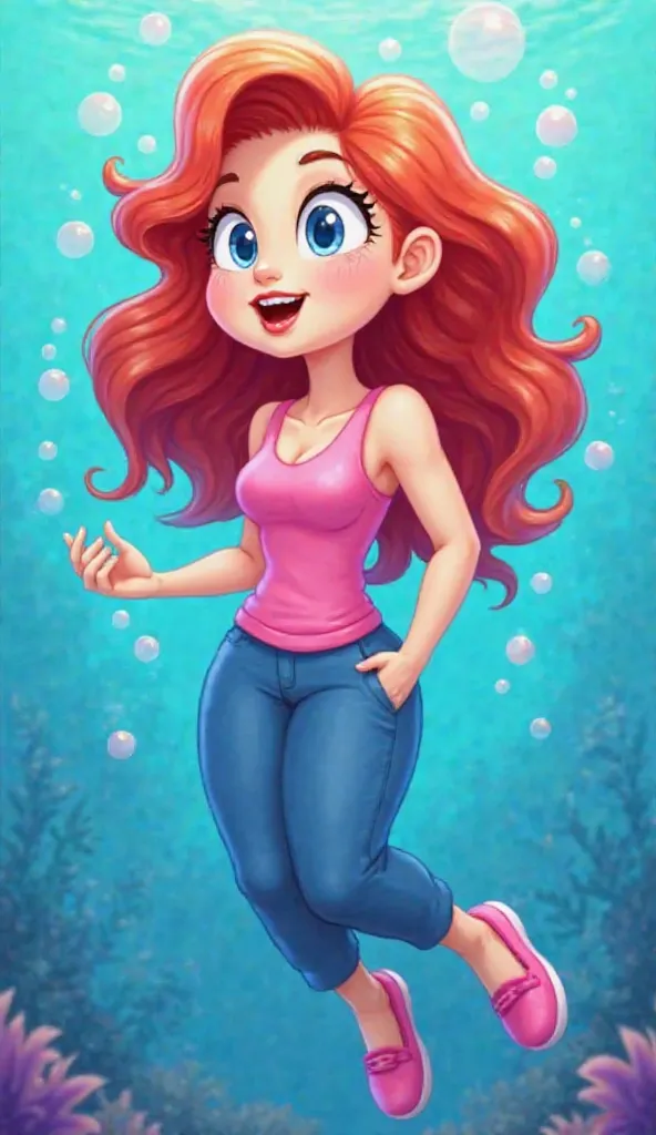 Image is a colorful digital illustration with a cartoon style. It features a woman with exaggerated facial features, including large eyes and a surprised expression. She has light skin and vibrant red hair that appears to be flowing upwards, suggesting mov...