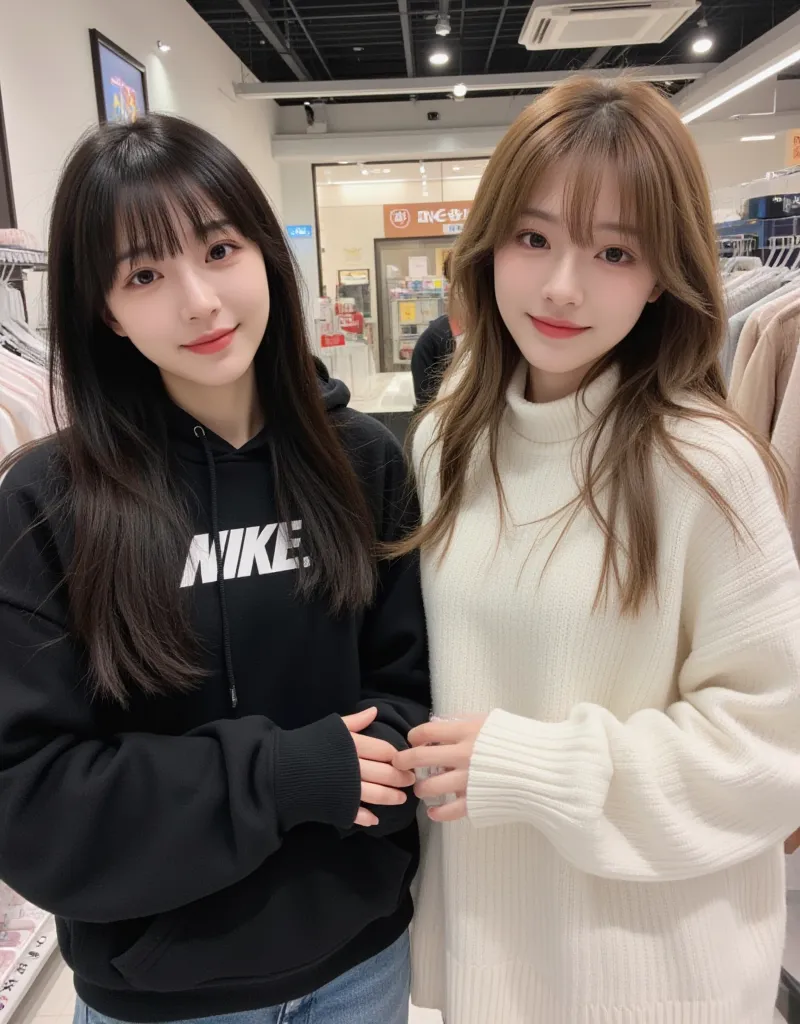 Japanese influencer girl、two-shot photo of 2 people、 charming、best visual、fresh, milky white skin、１Is long black hair with bangs、pins and straight hair、big eyes、Kaname makeup、 slim figure、are known as hot influencers now、 real 、20 years old、２has brown hair...