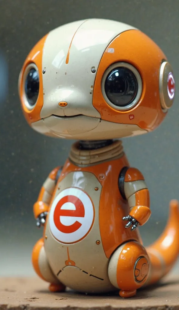  Fantastic　realistic footage　 Japan's Office District　A cute snake-shaped robot with an orange and white upper body with the white letter E in the red circle on the chest　