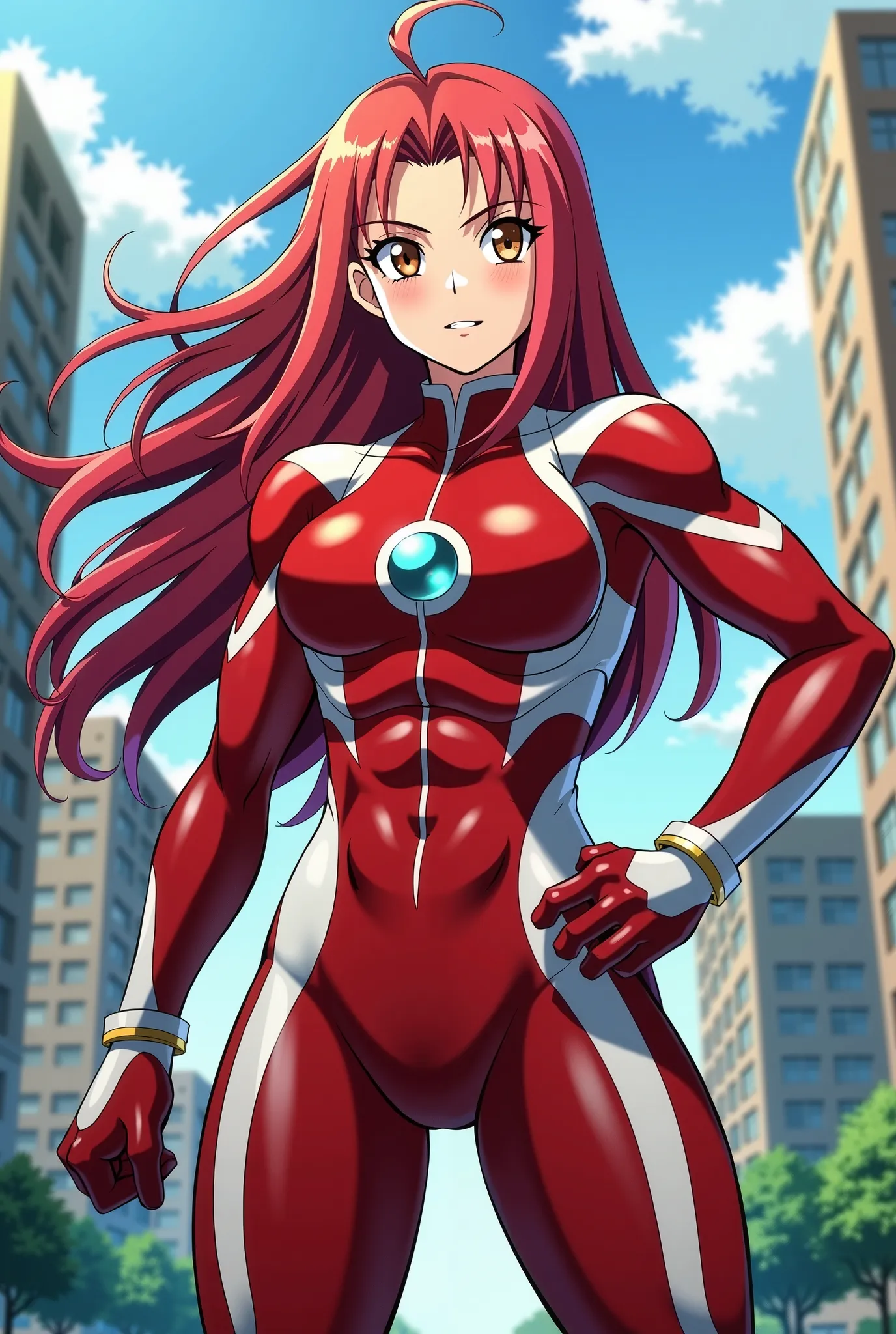  My Hero Academia Style , Anime girl, female, young female,muscular female,Full Body Shot,(fighting Pose:2),Long hair, Red Hair,  Brown Eyes,Hero Suit, Full Body Suit, red suit with white details,small round blue jewel in the center of the chest, perfect a...